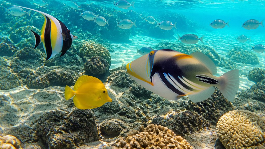colorful reef fish and turtles